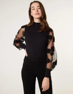 Turtle Neck Jumper With Mesh Polka Dot And Flower Detailed Sleeves