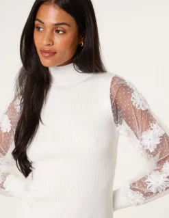 Turtle Neck Jumper With Mesh Polka Dot And Flower Detailed Sleeve