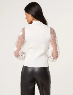 Turtle Neck Jumper With Mesh Polka Dot And Flower Detailed Sleeve