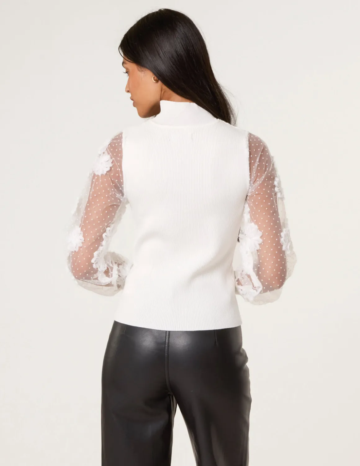 Turtle Neck Jumper With Mesh Polka Dot And Flower Detailed Sleeve