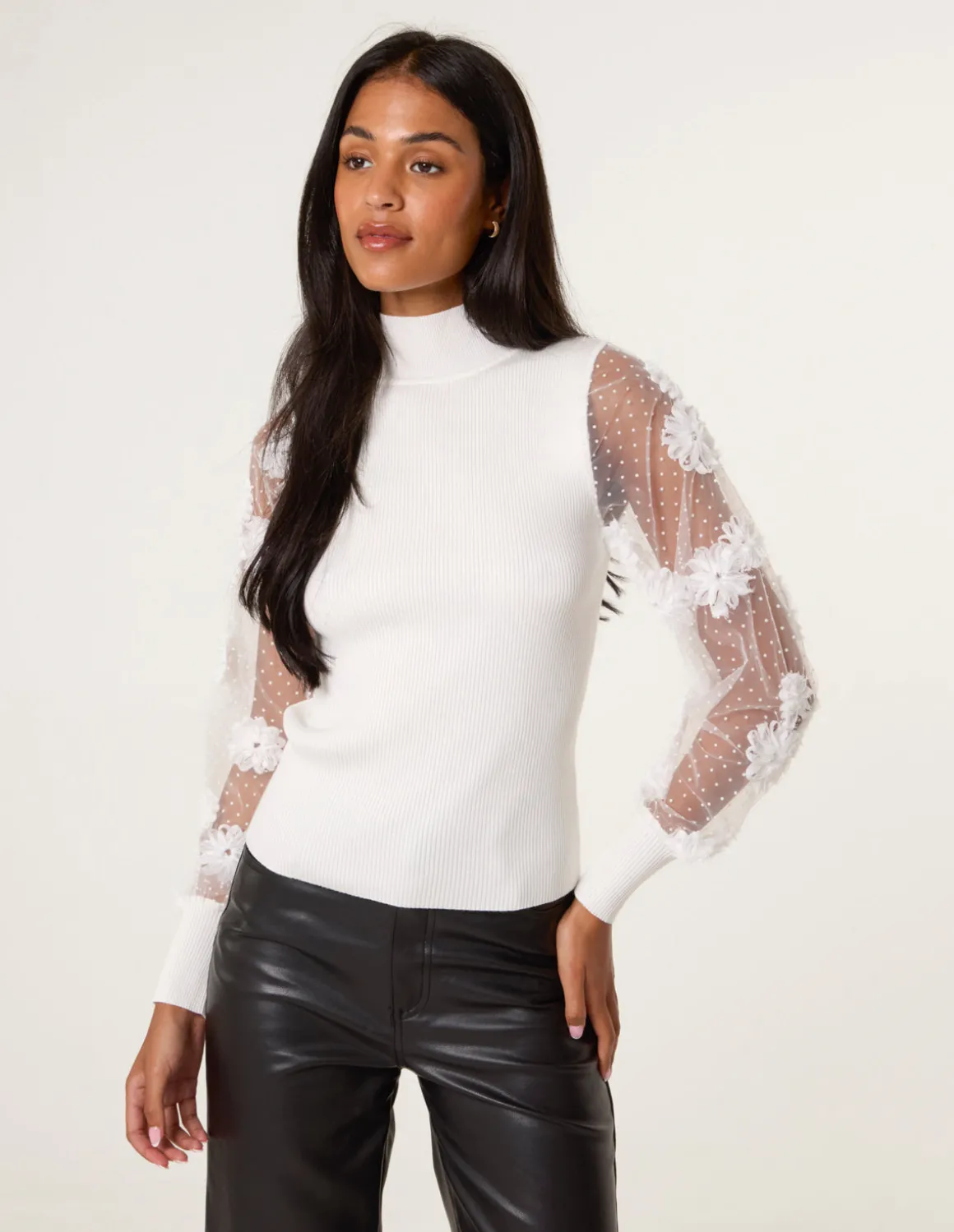 Turtle Neck Jumper With Mesh Polka Dot And Flower Detailed Sleeve