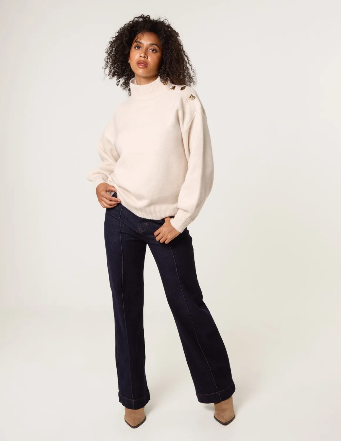 Turtle Neck Shoulder Brooch Detailed Jumper
