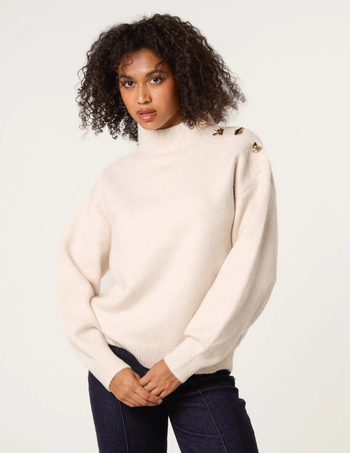 Turtle Neck Shoulder Brooch Detailed Jumper