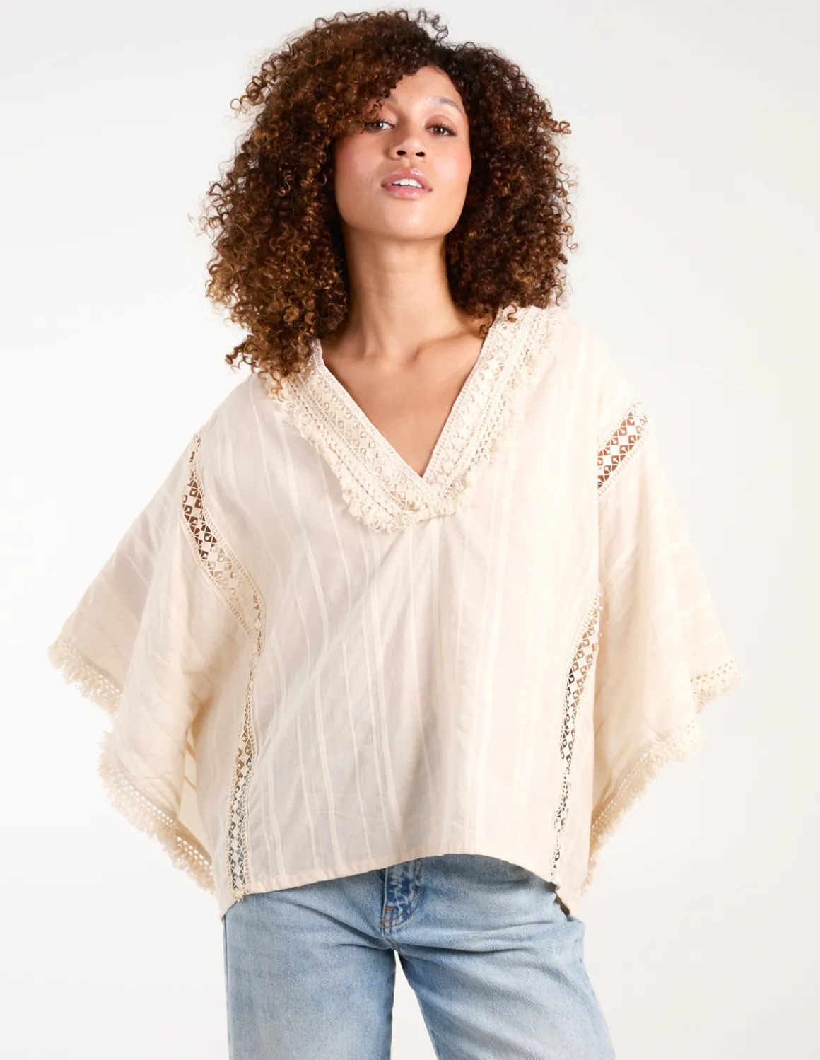 V Front Crochet Fringe Kimono Top