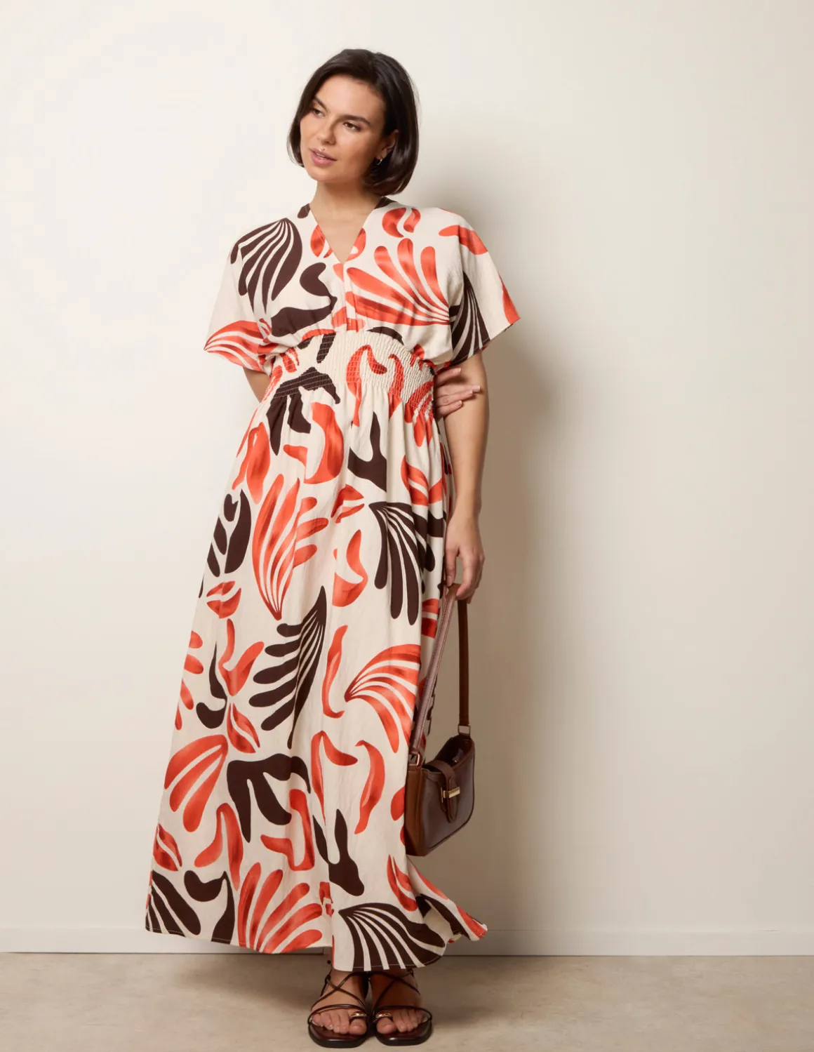 V Neck Abstract Leaf Print Dress