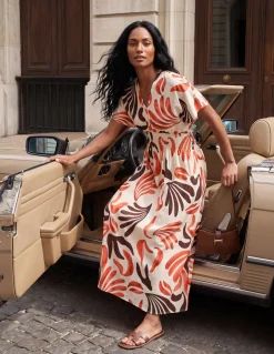 V Neck Abstract Leaf Print Dress