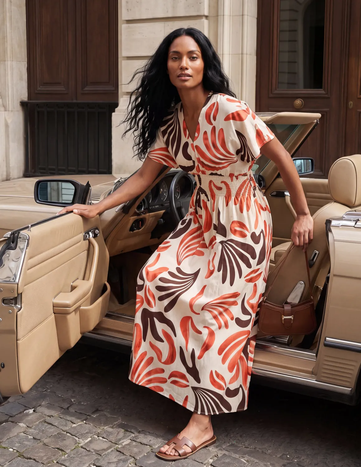 V Neck Abstract Leaf Print Dress