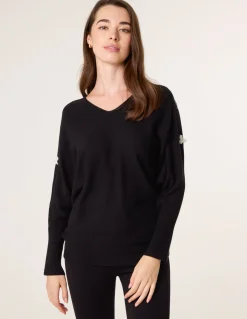V-Neck Batwing Shoulder Pearl Detailing Jumper