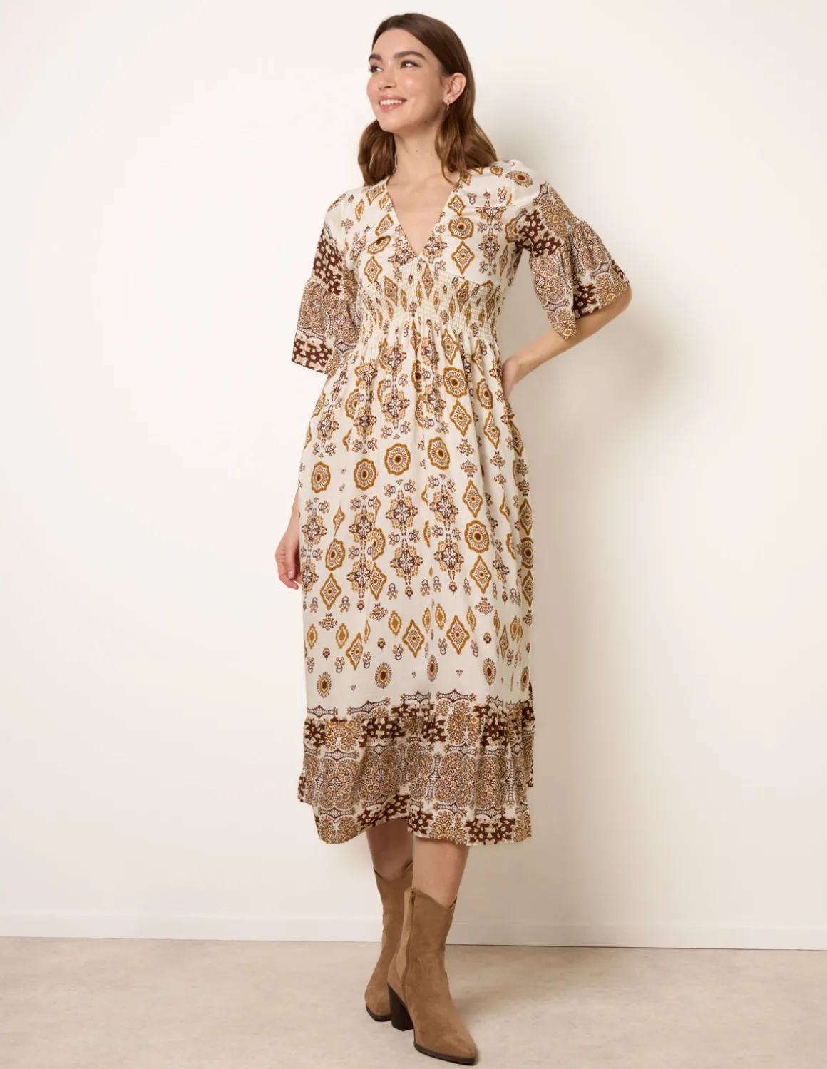 V Neck Border Print Dress