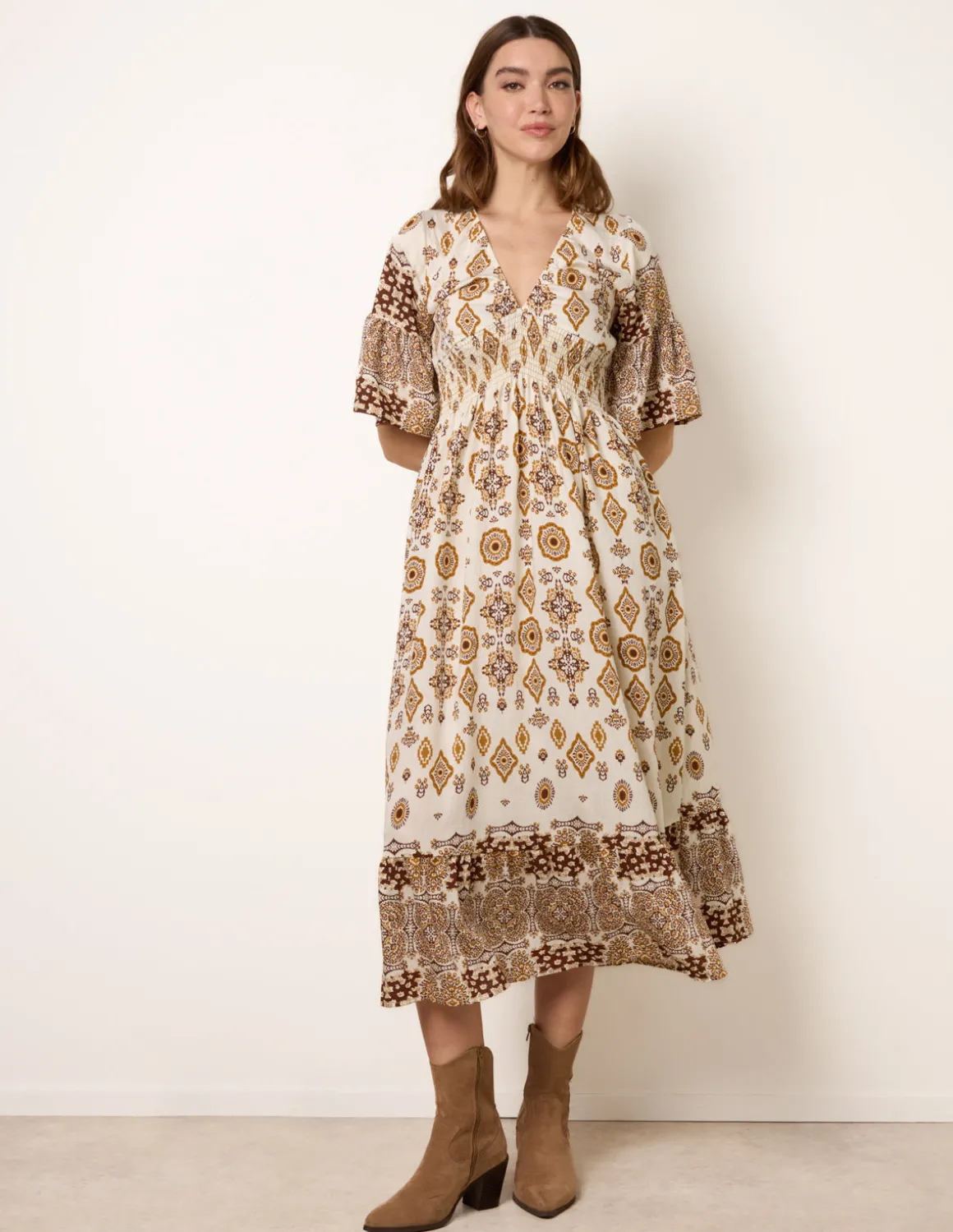 V Neck Border Print Dress