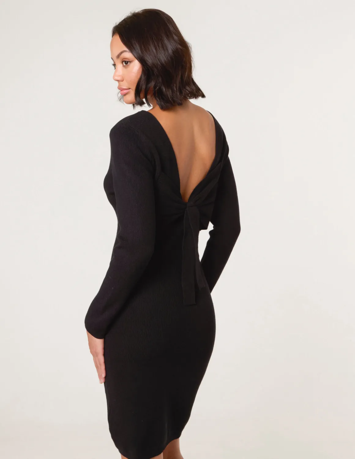 V Neck Bow Back Detailed Knitted Dress