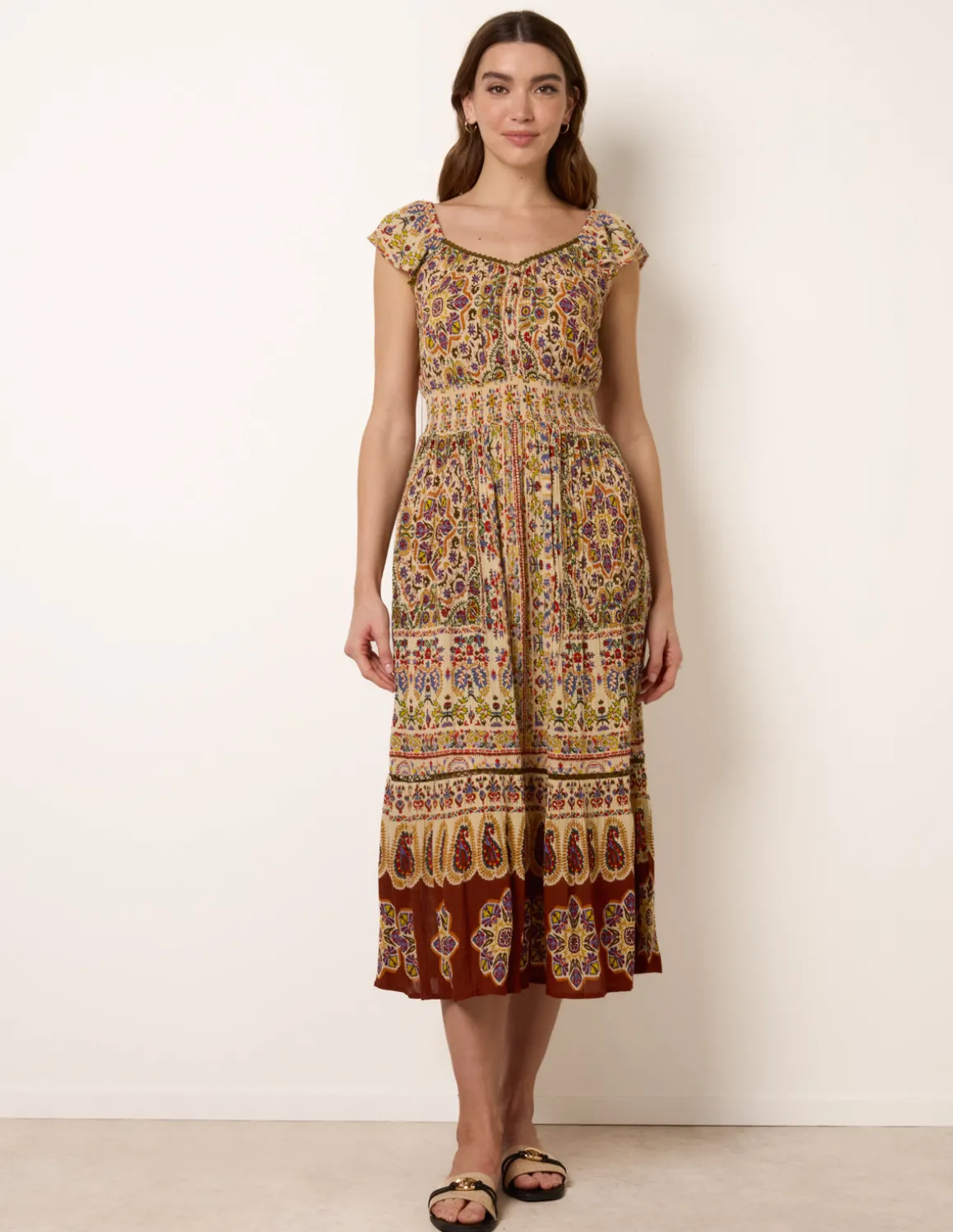 V Neck Embroidery Trim Paisley Maxi Dress