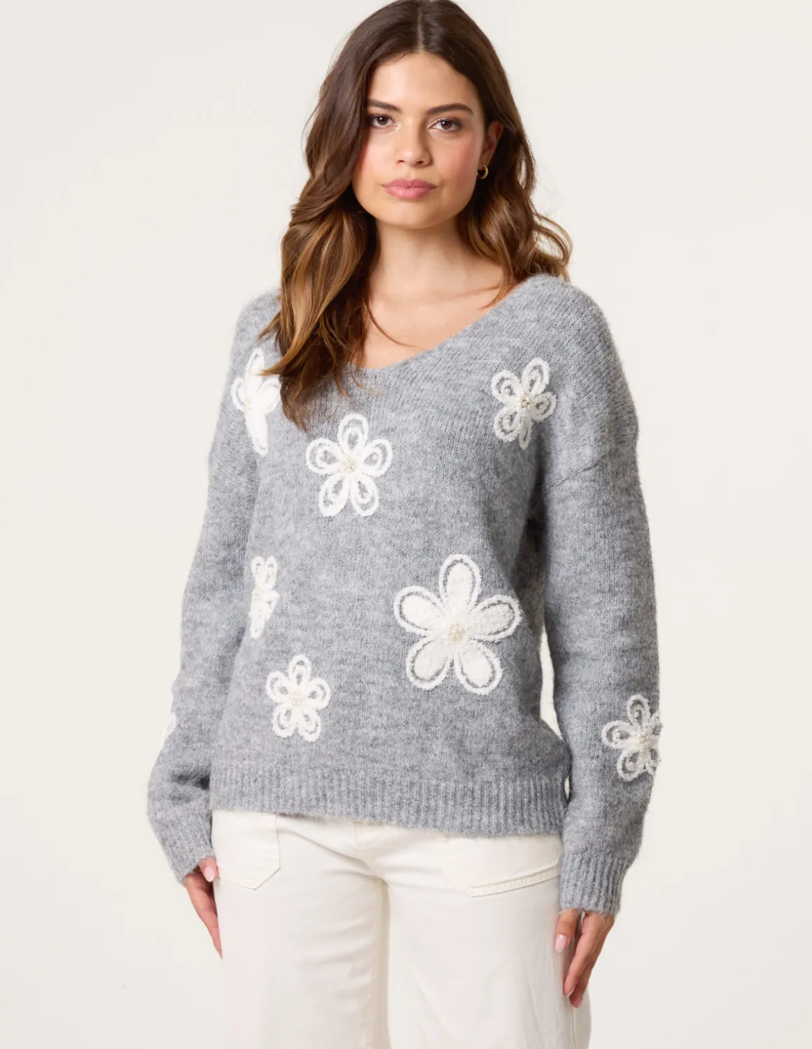 V Neck Flower And Pearl Jumper