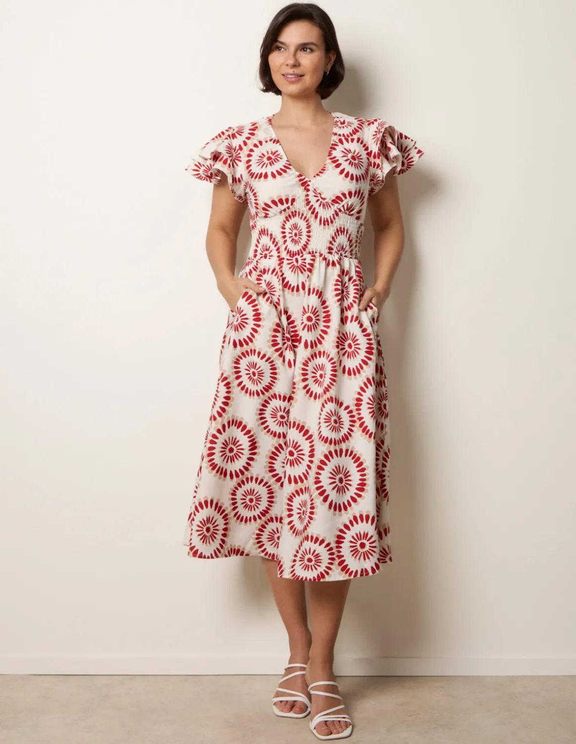 V Neck Frill Sleeve Printed Midi Dress