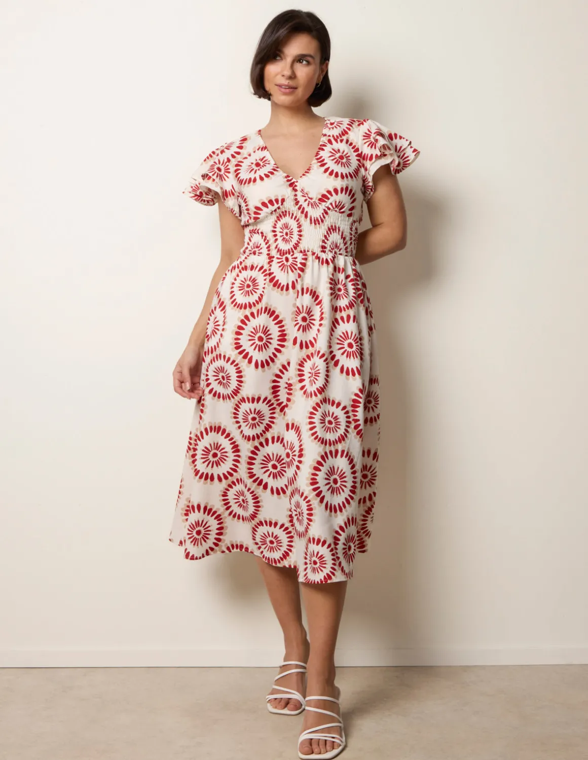 V Neck Frill Sleeve Printed Midi Dress