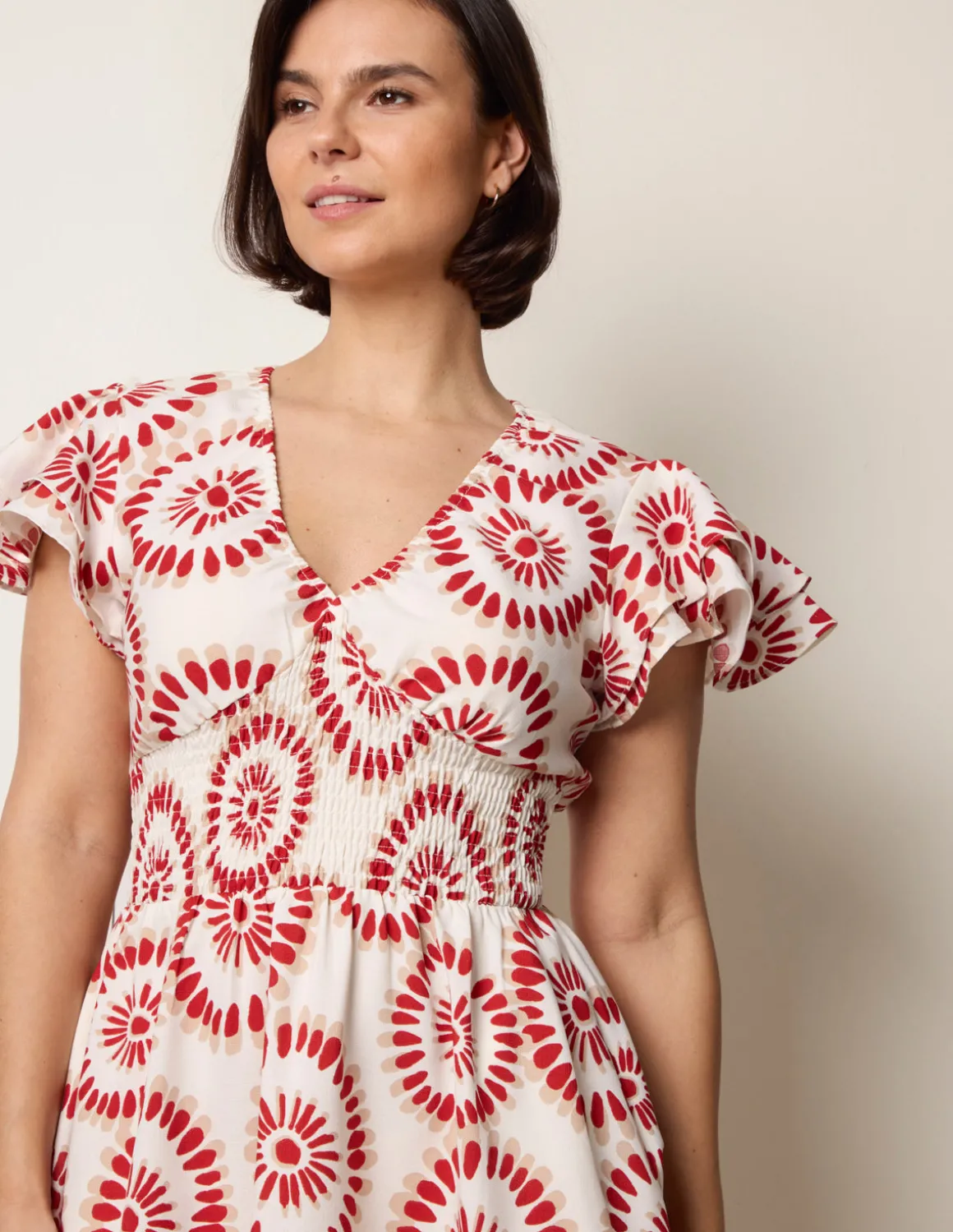 V Neck Frill Sleeve Printed Midi Dress