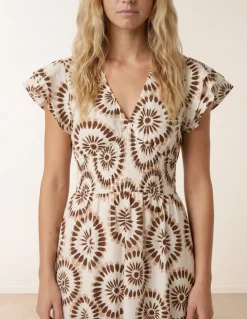 V Neck Frill Sleeve Printed Midi Dress