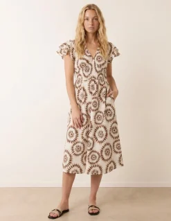 V Neck Frill Sleeve Printed Midi Dress