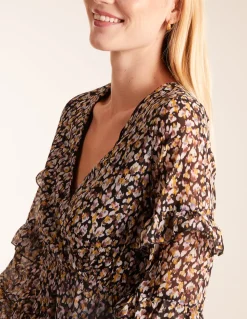 V Neck Frill Sleeve Wrap Midi Dress