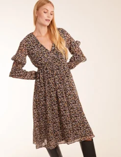 V Neck Frill Sleeve Wrap Midi Dress