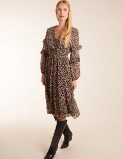 V Neck Frill Sleeve Wrap Midi Dress