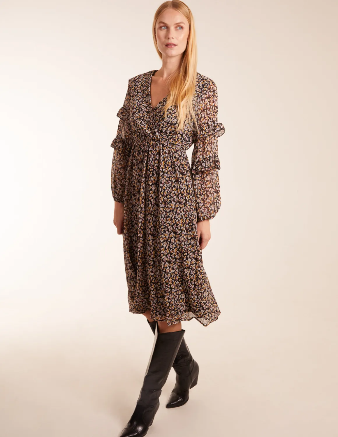 V Neck Frill Sleeve Wrap Midi Dress