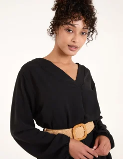V Neck Long Sleeve Dress With Woven Belt