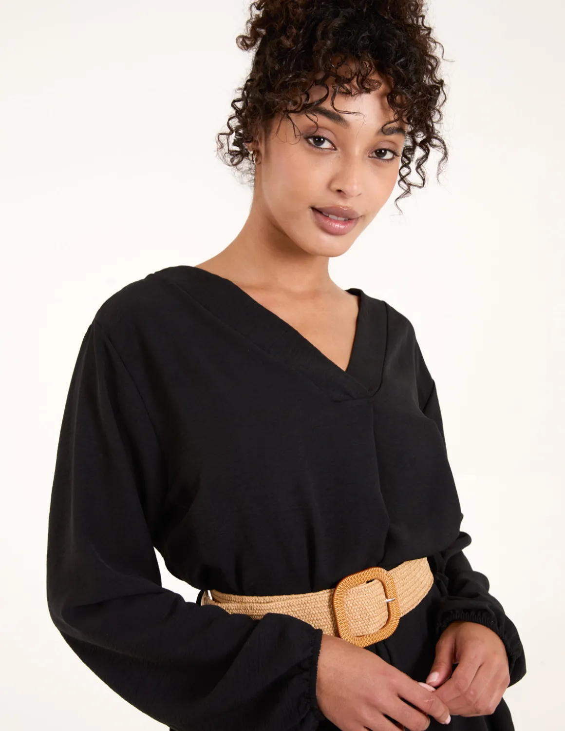 V Neck Long Sleeve Dress With Woven Belt