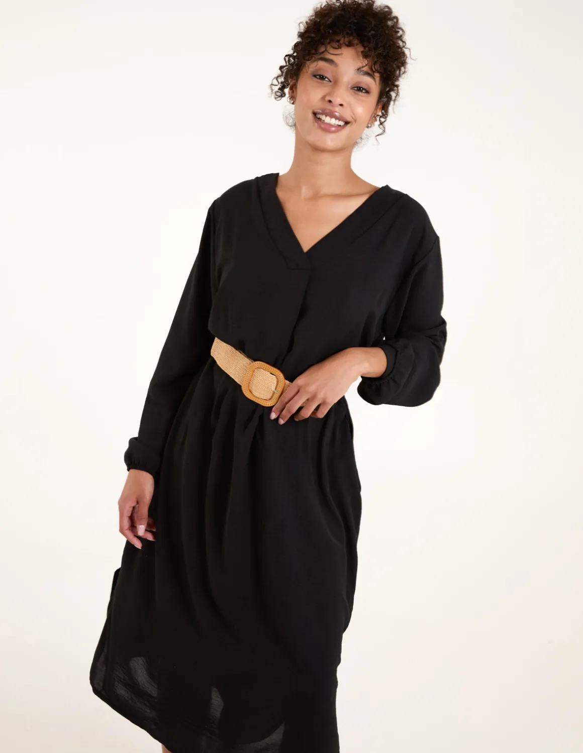 V Neck Long Sleeve Dress With Woven Belt