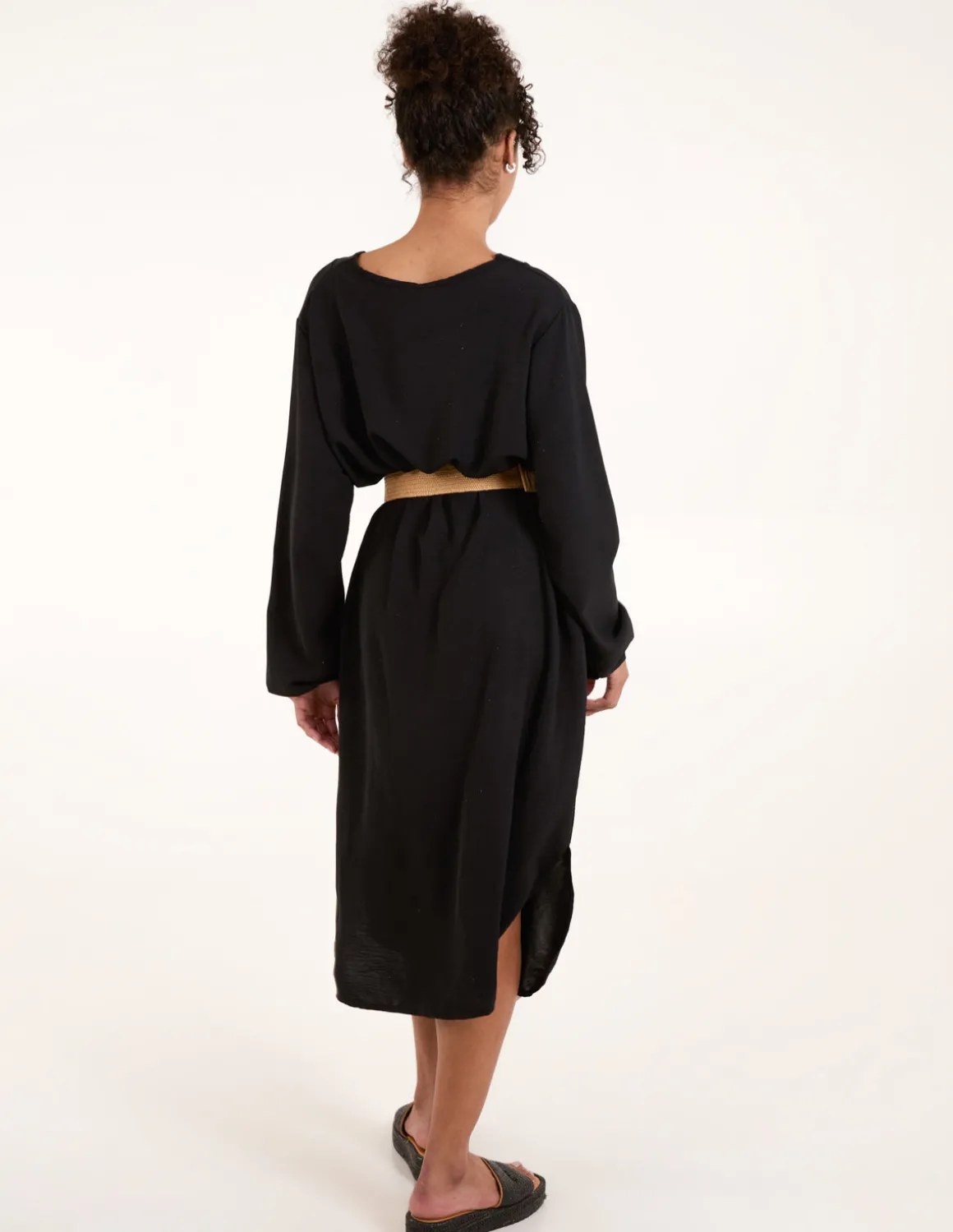 V Neck Long Sleeve Dress With Woven Belt