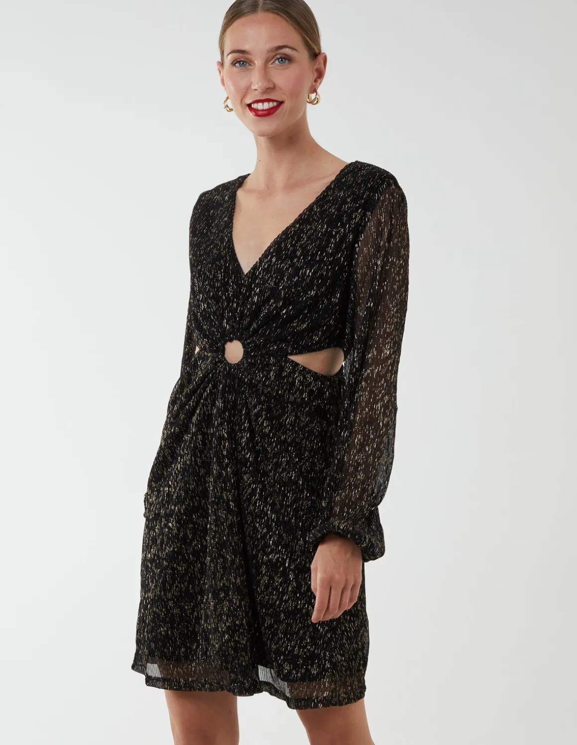 V-Neck Long Sleeve Metallic Dress