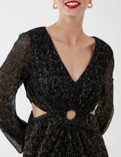 V-Neck Long Sleeve Metallic Dress