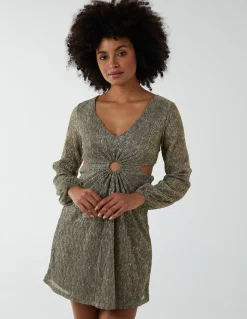 V-Neck Long Sleeve Metallic Dress