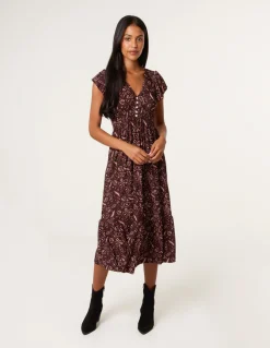 V Neck Midi Dress With Button Front