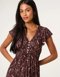 V Neck Midi Dress With Button Front
