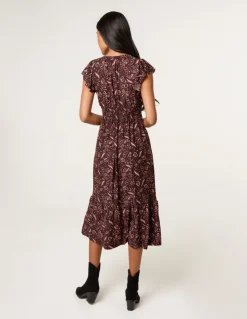 V Neck Midi Dress With Button Front