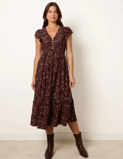 V Neck Midi Dress With Shirred Waist Button Front