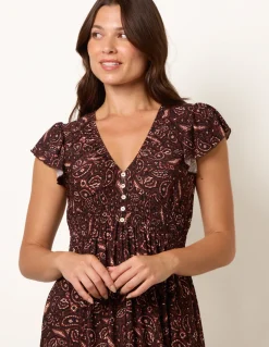 V Neck Midi Dress With Shirred Waist Button Front