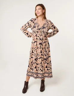 V Neck Shirred Border Print Midi Dress