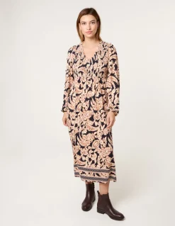 V Neck Shirred Border Print Midi Dress