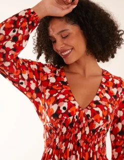 V Neck Shirred Waist Midi Dress