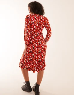 V Neck Shirred Waist Midi Dress