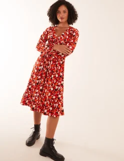 V Neck Shirred Waist Midi Dress