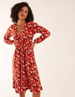 V Neck Shirred Waist Midi Dress