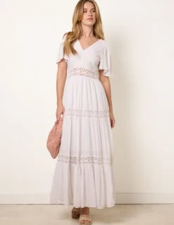 V-Neck Tiered Crochet Detail Maxi Dress