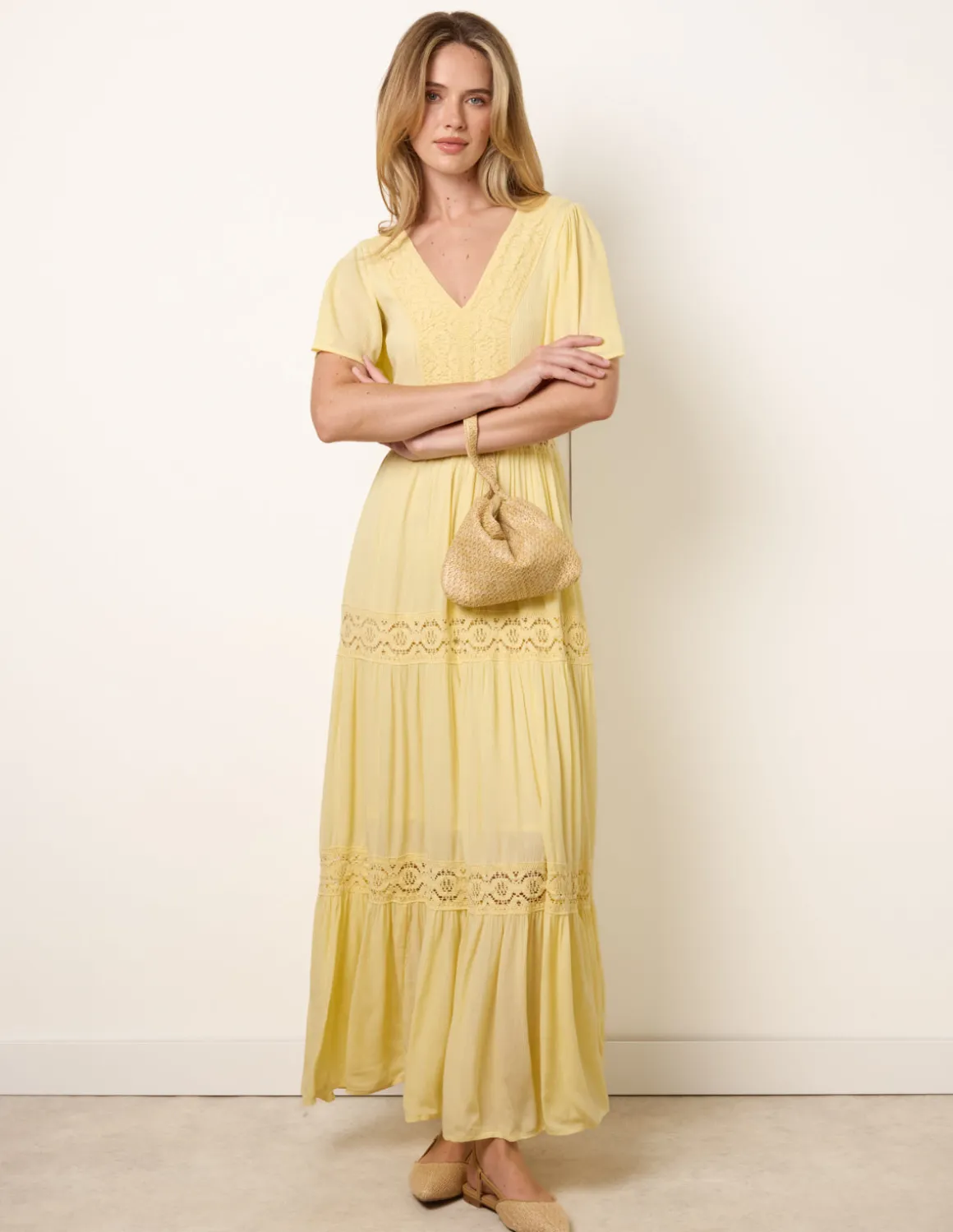 V-Neck Tiered Crochet Detail Maxi Dress