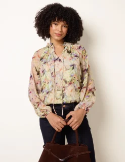 Watercolour Floral Printed Tie Front Blouse