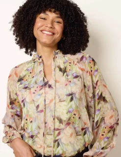 Watercolour Floral Printed Tie Front Blouse