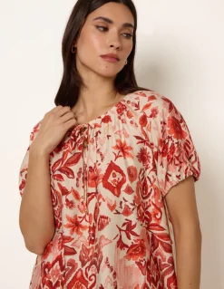 Watercolour Floral Print Elasticated Sleeve Top