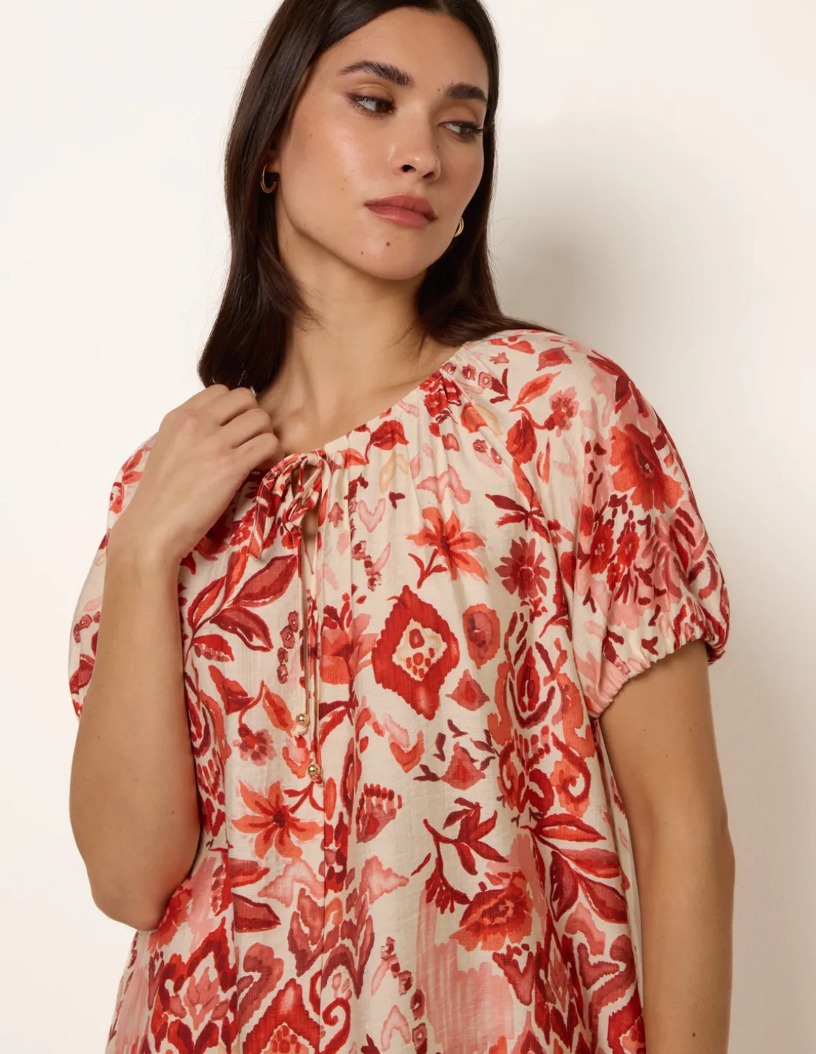 Watercolour Floral Print Elasticated Sleeve Top